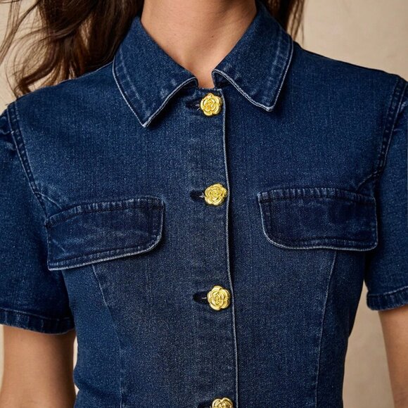 Dark Wash Casual Women's Denim Button-Up Mini Dress - Picture 6 of 7